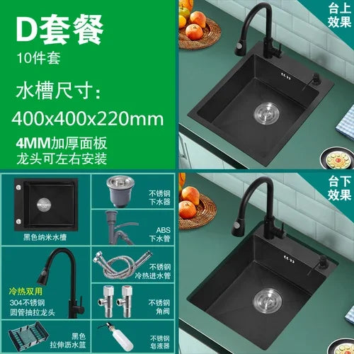 304 Stainless Steel Kitchen Sinks Bar Balcony Mini Sink Single Tank Black Nano Kitchen Accessories Thicken Wash Basin Small Sink