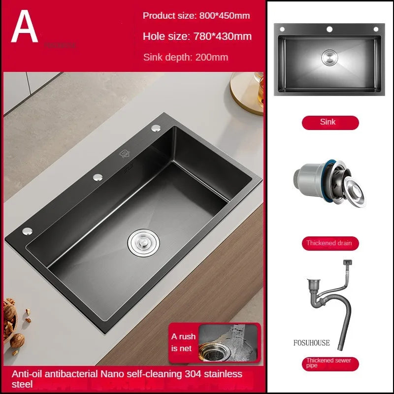 German Nano Sinks for Apartments Black Metal Three-hole Drain Kitchen Sink Light Luxury Household Kitchen Sink for Rental Houses