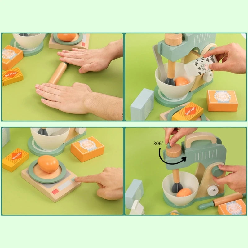 Girls Simulation Pretend Play Kitchen Toy Wood Kitchen Cooking Utensils Blender Make Cake Food Toy Miniature Kitchen Set