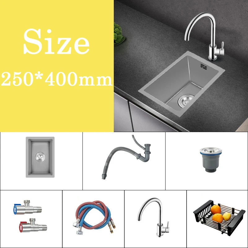 Small Gray Kitchen Sink Above Counter or Undermount 304 Stainless Steel Single Bowl Washing Basin Drain Accessories for Kitchen