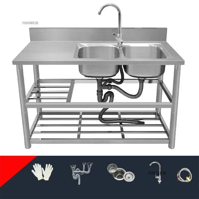 Household Vegetable Washing Basin with Bracket Commercial Stainless Steel Kitchen Sinks Kitchen Workbench Washing Single Sink