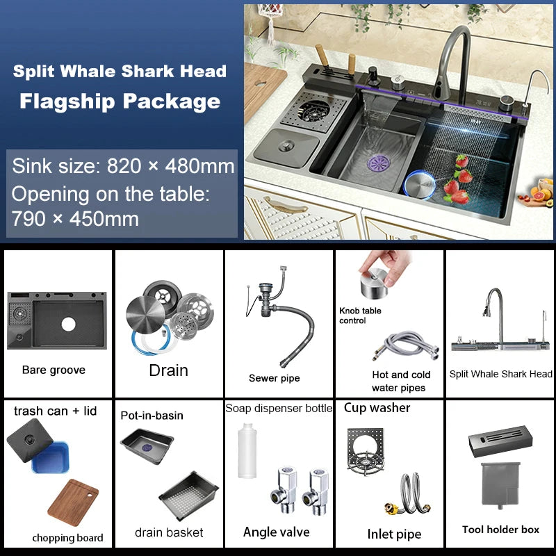 Stainless Steel Waterfall Kitchen Sink Cup Washer Knife Rack Embossed Extra Large Single Slot Apartment Left Side Drainage