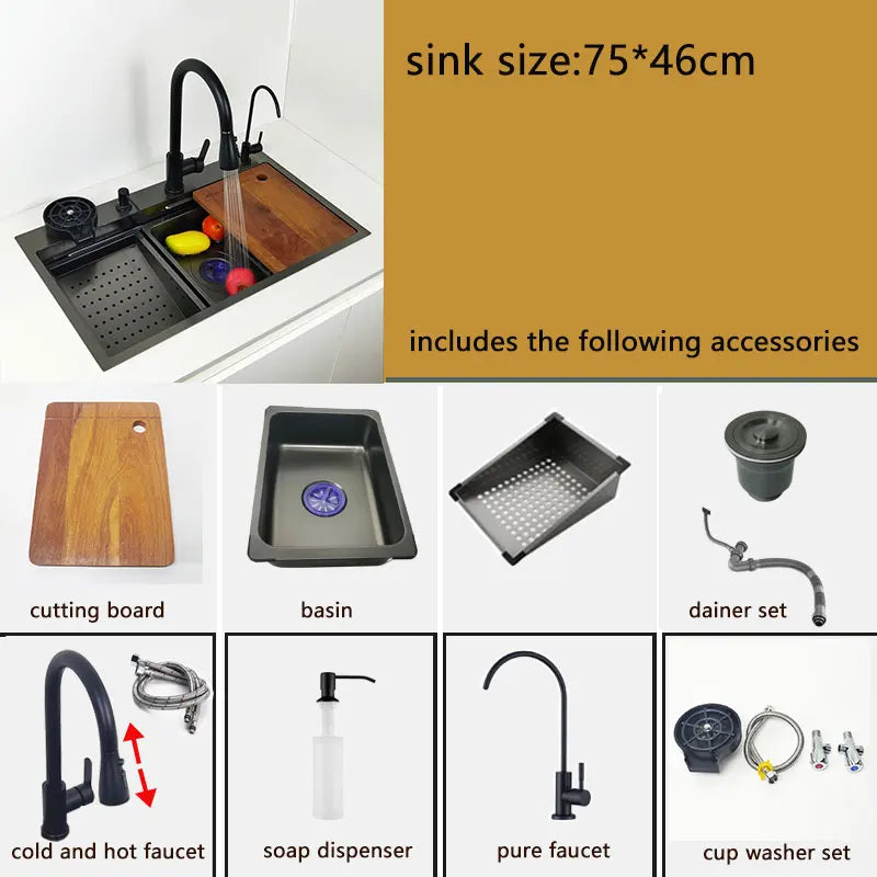 Kitchen Sink honeycomb anti-scratch nano technology left drain Above Mount Washing Basin Stainless Steel sinks waterfall faucet
