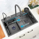 Black Nano Kitchen Sink 304 Stainless Steel Waterfall Sink Basin Large Single Bowl with Multifunction Touch Waterfall Faucet