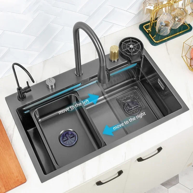 Black Nano Kitchen Sink 304 Stainless Steel Waterfall Sink Basin Large Single Bowl with Multifunction Touch Waterfall Faucet