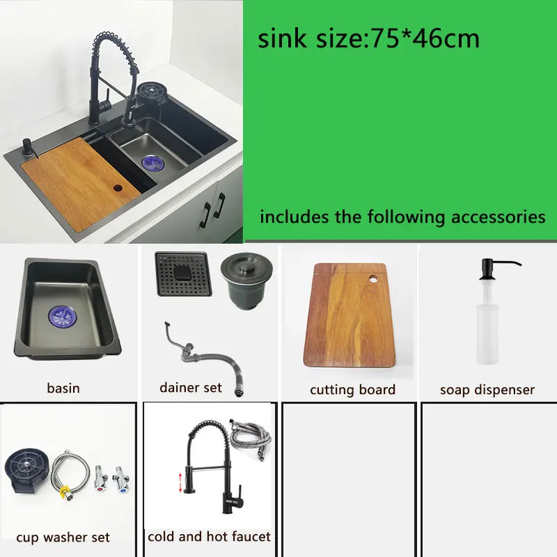 Matte Black Nano Kitchen Sink Above Mount Washing Basin with chopping board 304 Stainless Steel Single black kitchen sink