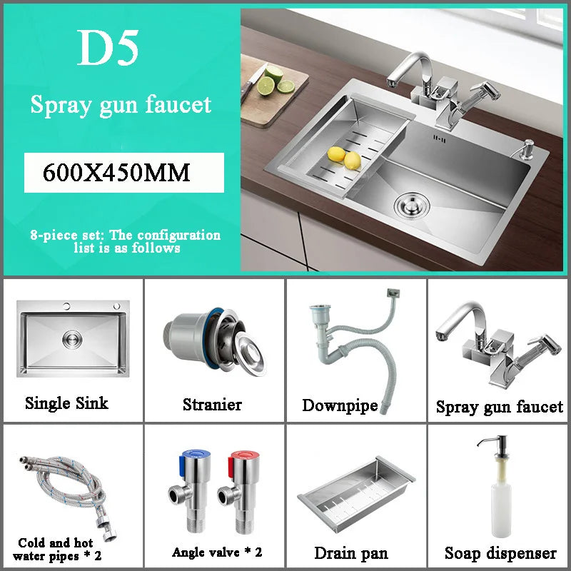 Stainless Steel Kitchen Sink Farmhouse Above Counter Undermounter Single Bowel Wash Basin With Gourmet Faucet Drain Accessories