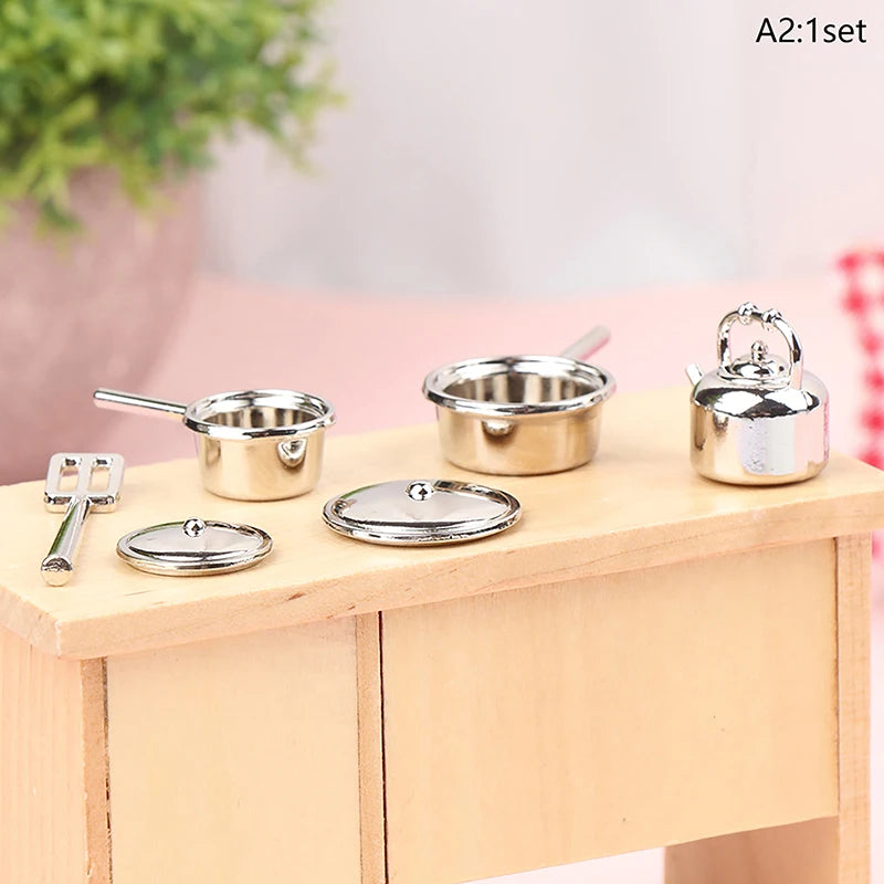 1 Set 1:12 Dollhouse Miniature Metal Mini Pot Set Doll House Kitchen Furnitures Cookware Pans Model Toys