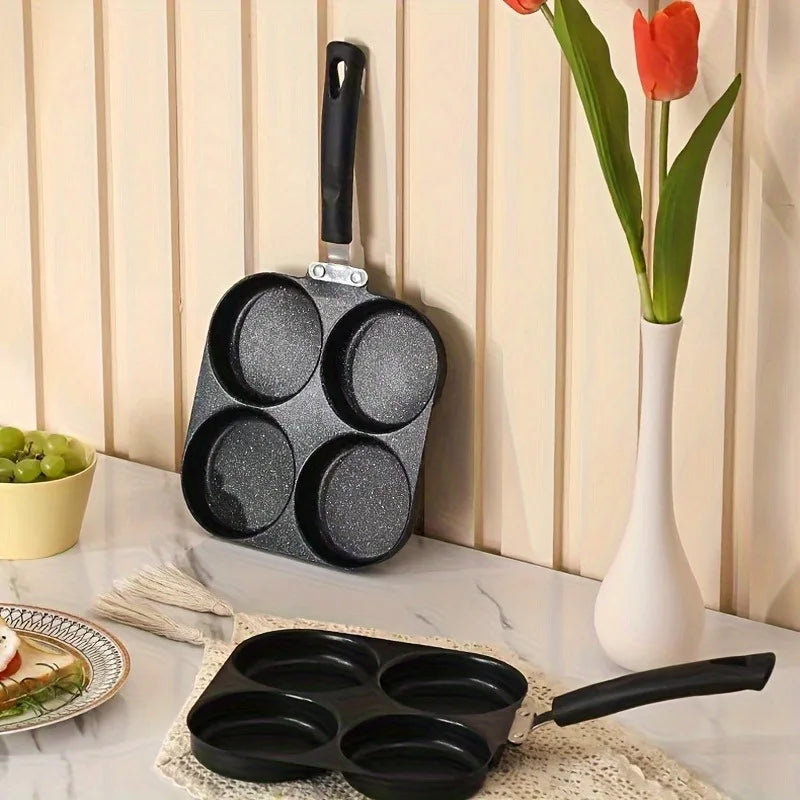 1PC Non-Stick Frying Pan 4 Cup Cast Iron Egg Pan Divided Baking Pan With Wooden Handle Omelette Pan For Eggs Steak And Burgers