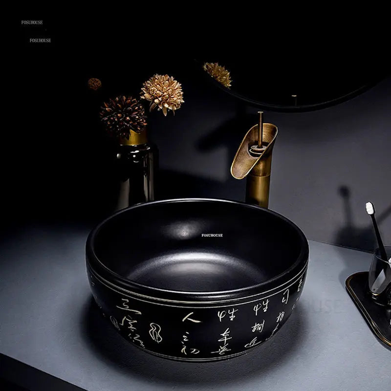 European Retro Bathroom Sinks Ceramic Home Bathroom Washbasins Countertop Basin Small Size Washing Sink Round Single Wash Basin