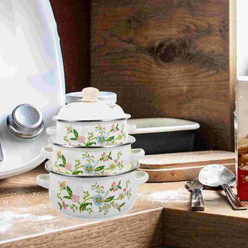 3 Pcs Cooking Utensils Enamel Pot Cooker Pots Deep Stockpot Soup Chinese Stew with Handle