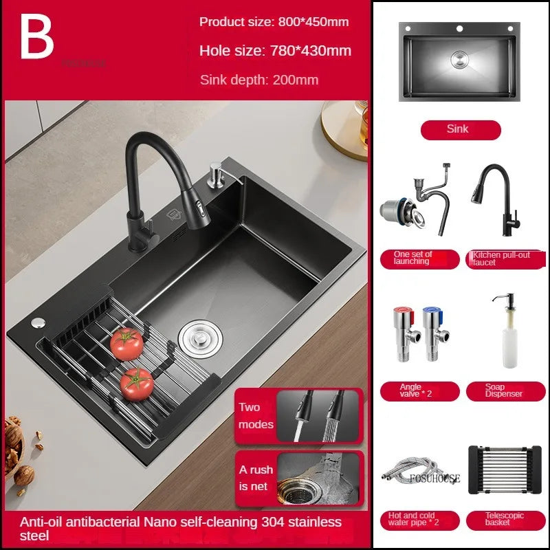 German Nano Sinks for Apartments Black Metal Three-hole Drain Kitchen Sink Light Luxury Household Kitchen Sink for Rental Houses