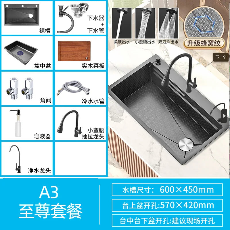 Honeycomb Embossed 304 Stainless Steel Sink, Kitchen Sink 304 Large Single Sink, Thickened Vegetable Basin, Dishwasher