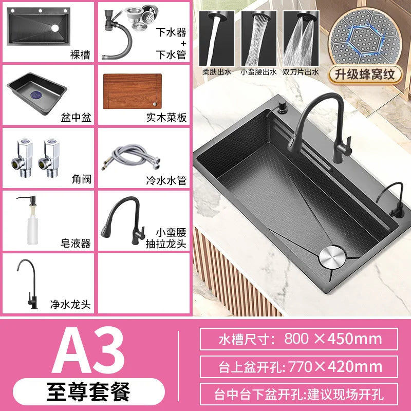 Honeycomb Embossed 304 Stainless Steel Sink, Kitchen Sink 304 Large Single Sink, Thickened Vegetable Basin, Dishwasher