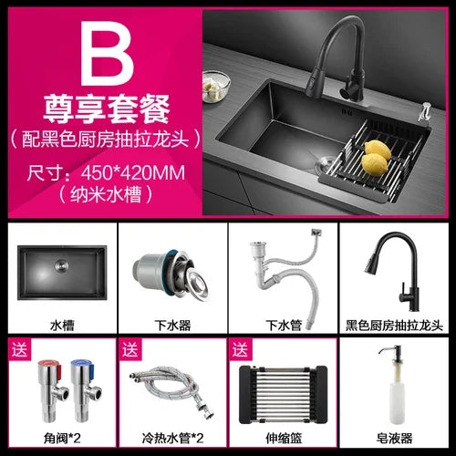 Kitchen Sinks Single Slot Black Kitchen Nano Sink 304 Stainless Steel Sink Under Counter Basin Home Kitchen s Accessories