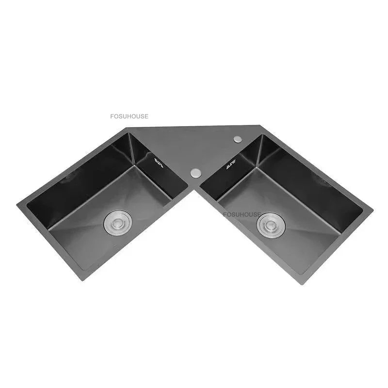 Stainless Steel Corner Kitchen Sinks L-shaped Large Corner Dishwashing Basin Handmade Double-slot Dishwashing Sink for Kitchen X