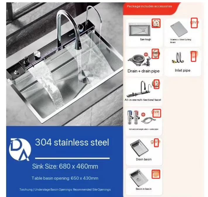 Silver Nano 304 Stainless Steel Digital Display Waterfall Sink Multifunctional Vegetable Washing Pool Integrated faucet