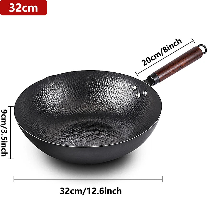 32cm Carbon Steel Wok Woks & Stir Fry Pans Wok Pan with Lid No Chemical Coated Flat Bottom Wok for Electric Induction Gas Stoves