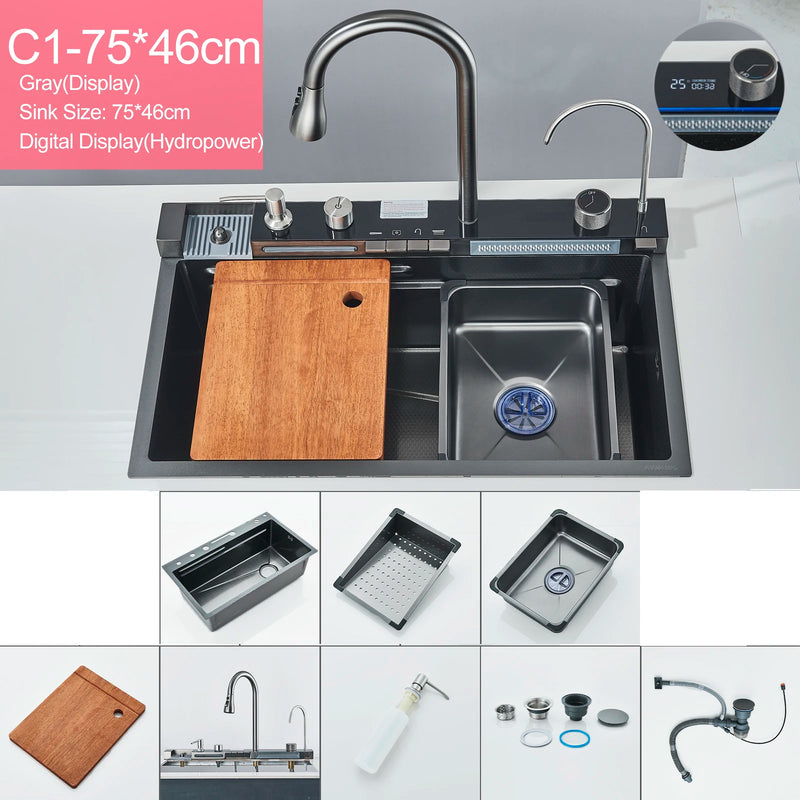 Hownifety Waterfall Sink Kitchen Stainless Steel Topmount Sink Large Single Slot Wash Basin With Multifunction Waterfall Faucet