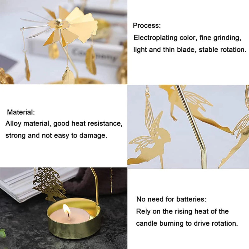 Golden Rotating Candle Holder Romantic Metal Tealight Candle Holder for Christmas Home Decoration Dinner Wedding Bar Party