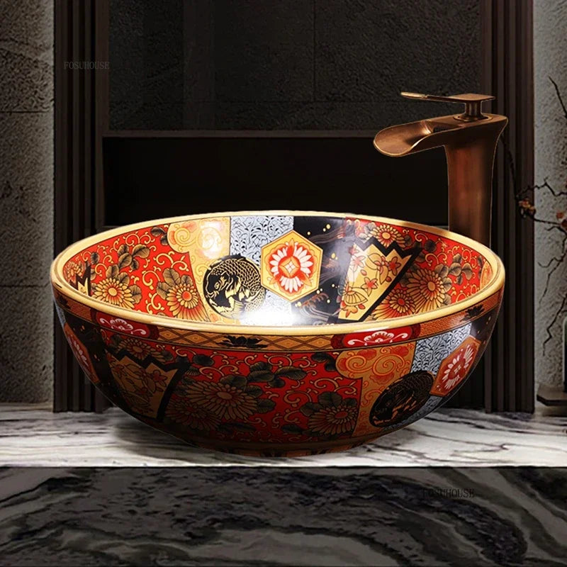 American Art Bathroom Sinks European Ceramic Wash Basin Retro Home Round Single Basin Balcony Toilet Creative Hand Painted Basin