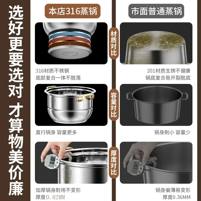 316 Stainless Steel Steam Pot 40cm Steamer Pot Home Appliance 4 Layers Steamer Cooker Soup Pots for Cooking Hotpot Cookware Set