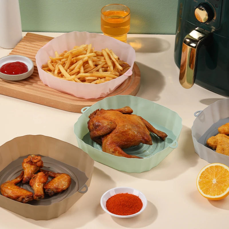 1pc Thin style Air Fryer Baking Tray Reusable Silicone Air Fryer Tray Pizza Fried Chicken BBQ Pan Mat Baking Dishes & Pans