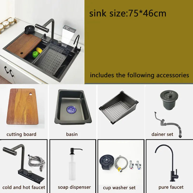 LED Waterfall Kitchen Sink 4 Modes Faucet Large Single basin honeycomb anti-scratch nano technology 304 Stainless Steel Sink