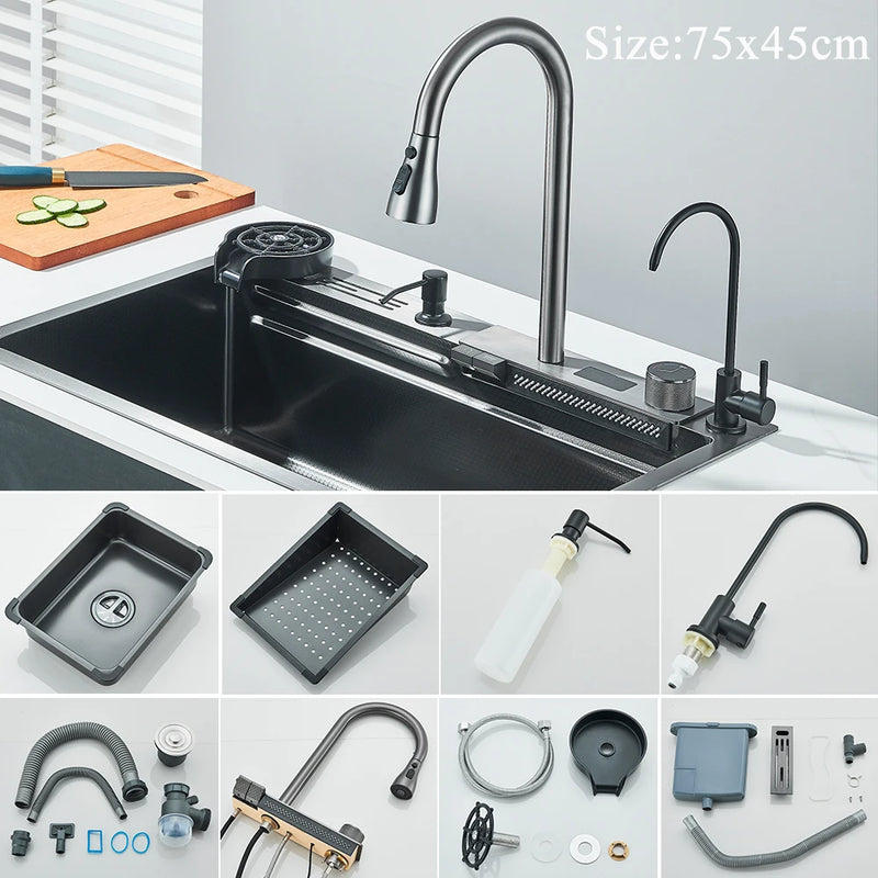 Kitchen Sink Faucet Large Integrate Digital Display Multi-Function Buttons Waterfall Soap Dispenser Cup Washer Kitchen Sink
