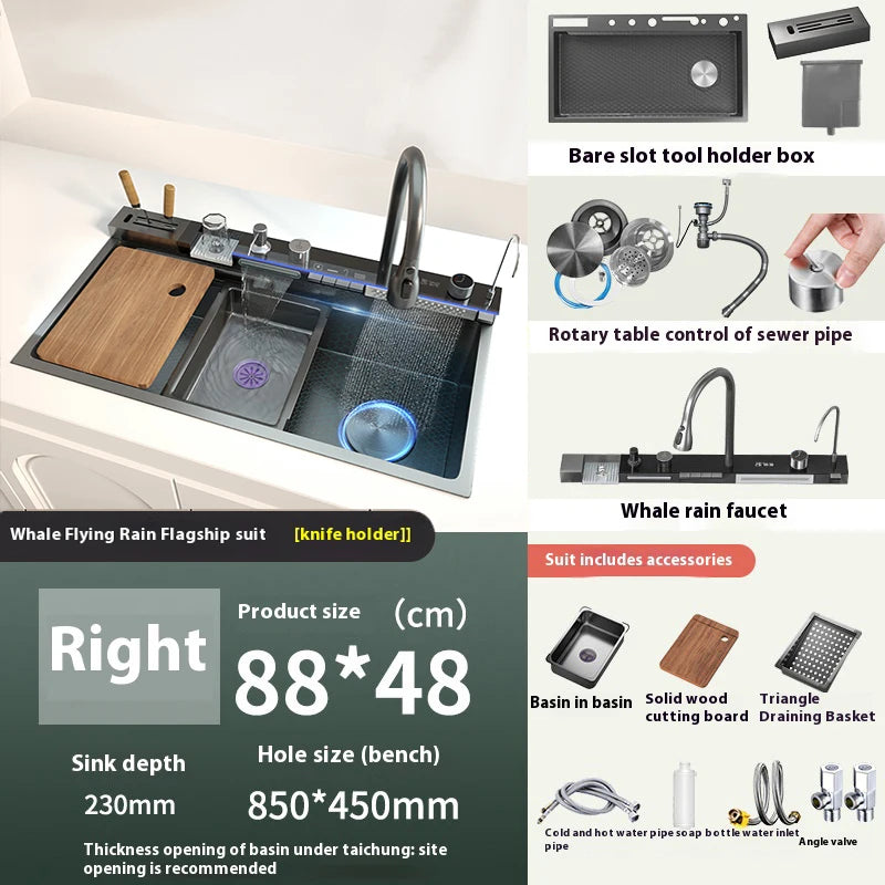 Stainless Steel Waterfall Kitchen Sink Cup Washer Knife Rack Embossed Extra Large Single Slot Apartment Left Side Drainage