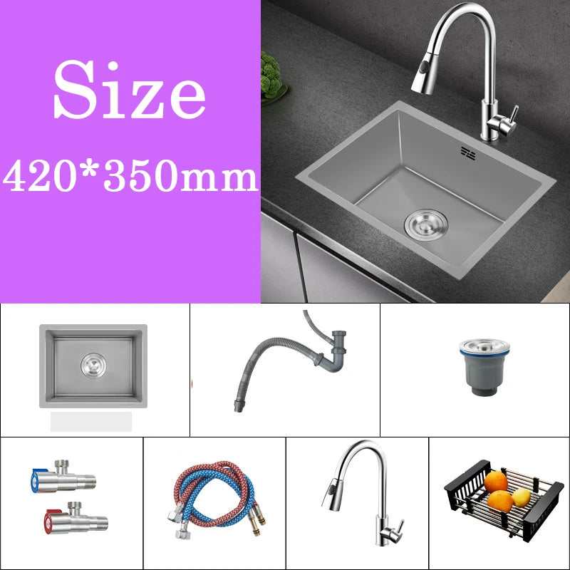 Small Gray Kitchen Sink Above Counter or Undermount 304 Stainless Steel Single Bowl Washing Basin Drain Accessories for Kitchen