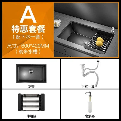 Kitchen Sinks Single Slot Black Kitchen Nano Sink 304 Stainless Steel Sink Under Counter Basin Home Kitchen s Accessories