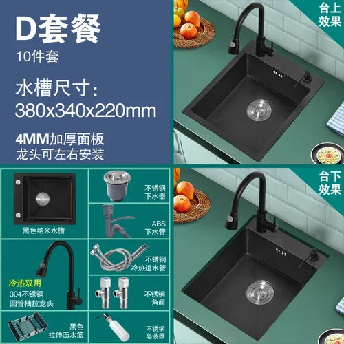 304 Stainless Steel Kitchen Sinks Bar Balcony Mini Sink Single Tank Black Nano Kitchen Accessories Thicken Wash Basin Small Sink