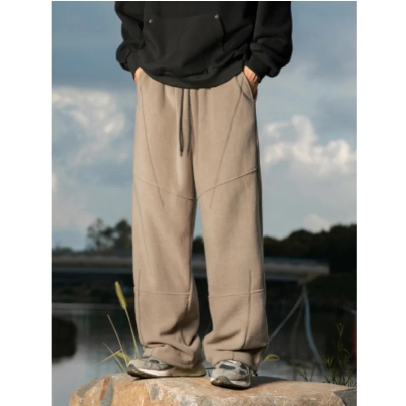 Splicing Split Design Shake Velvet Casual Pants Men's Autumn Winter Loose Leg Adjustable Drawstring Long Pants Warm  Soft