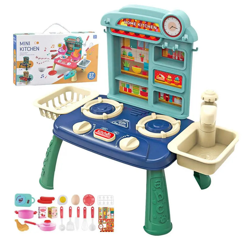 27PCS Kids Mini Kitchen Playset Toys With Light Sound Running Water Role Playing Game Pretend Cooking Simulated Cookware Playset