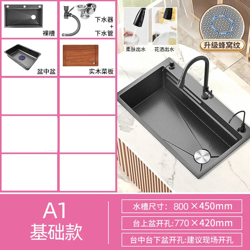 Honeycomb Embossed 304 Stainless Steel Sink, Kitchen Sink 304 Large Single Sink, Thickened Vegetable Basin, Dishwasher