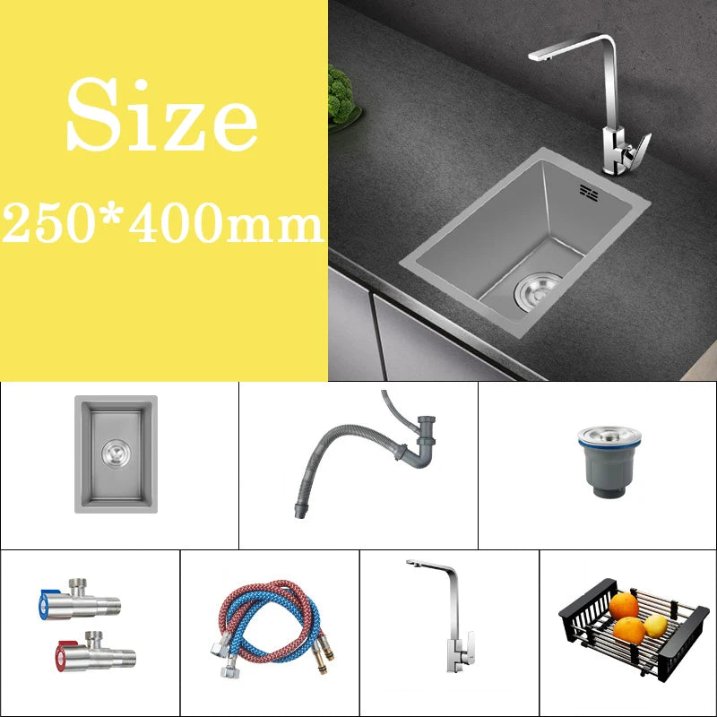Small Gray Kitchen Sink Above Counter or Undermount 304 Stainless Steel Single Bowl Washing Basin Drain Accessories for Kitchen