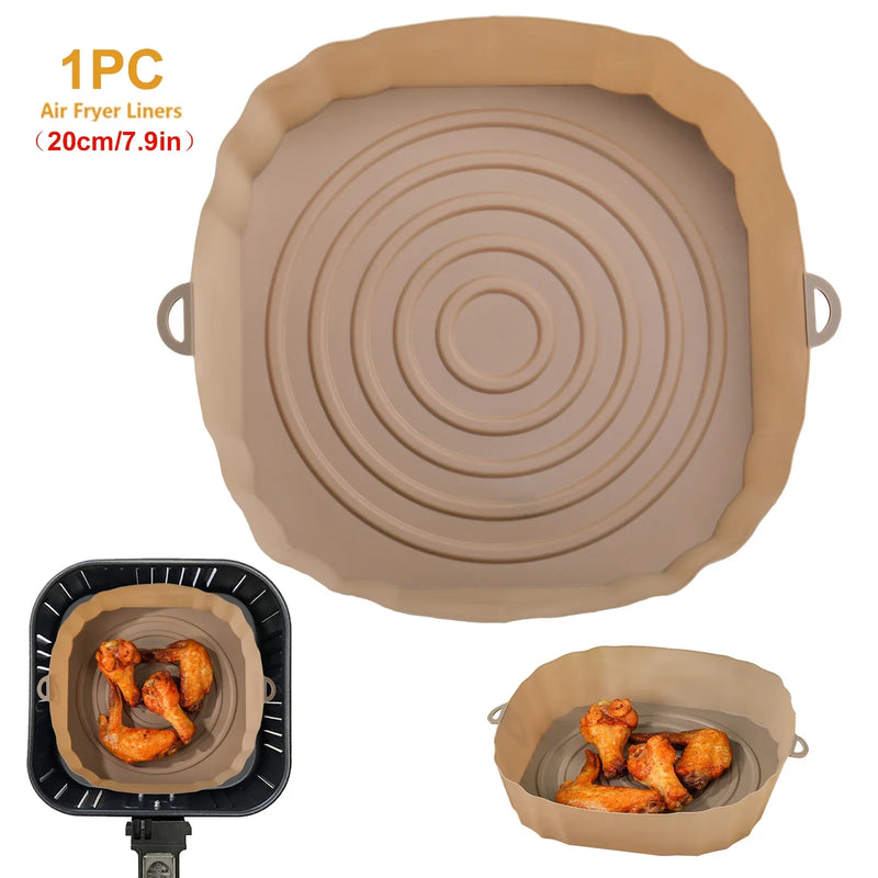 1pc Air Fryer Silicone Basket Silicone Mold Airfryer Oven Baking Tray Pizza Fried Chicken Basket Reusable Pan Liner Accessories