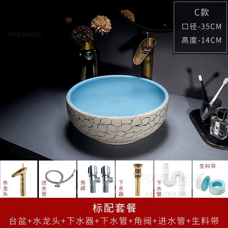 European Retro Bathroom Sinks Ceramic Home Bathroom Washbasins Countertop Basin Small Size Washing Sink Round Single Wash Basin