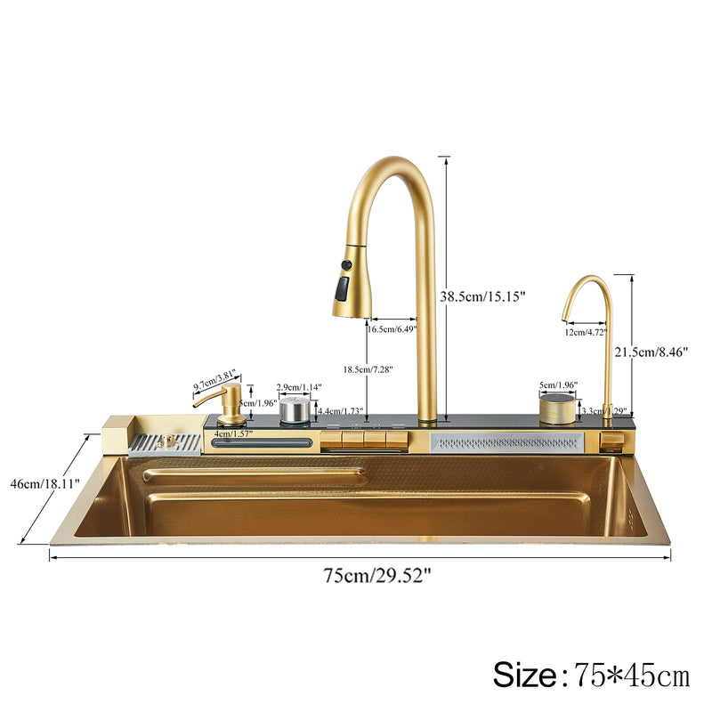 Brushed Gold Waterfall Sink Kitchen Intelligent Digital Display Temperature Control Large Single Slot pull Out Faucet Pure Water