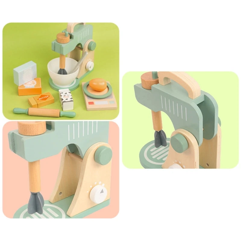 Girls Simulation Pretend Play Kitchen Toy Wood Kitchen Cooking Utensils Blender Make Cake Food Toy Miniature Kitchen Set