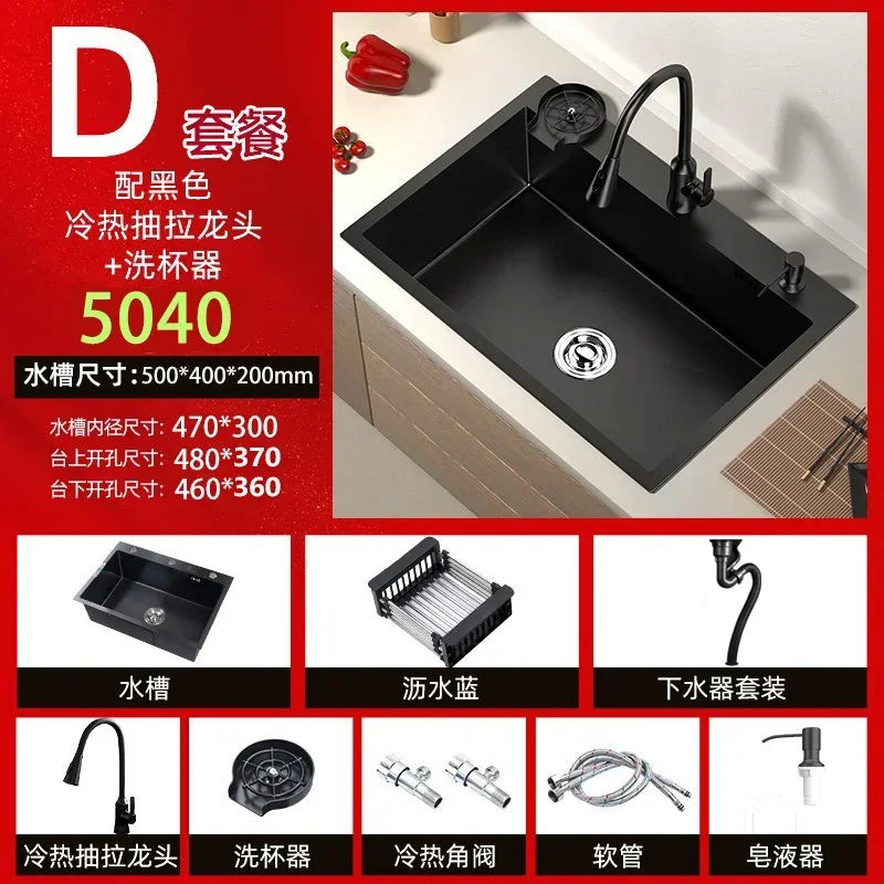 Stainless Steel Kitchen Sinks Black Nano Large Single Tank Countertop Basin Home Kitchen Vegetable Sink 304 Thickened Wash Basin