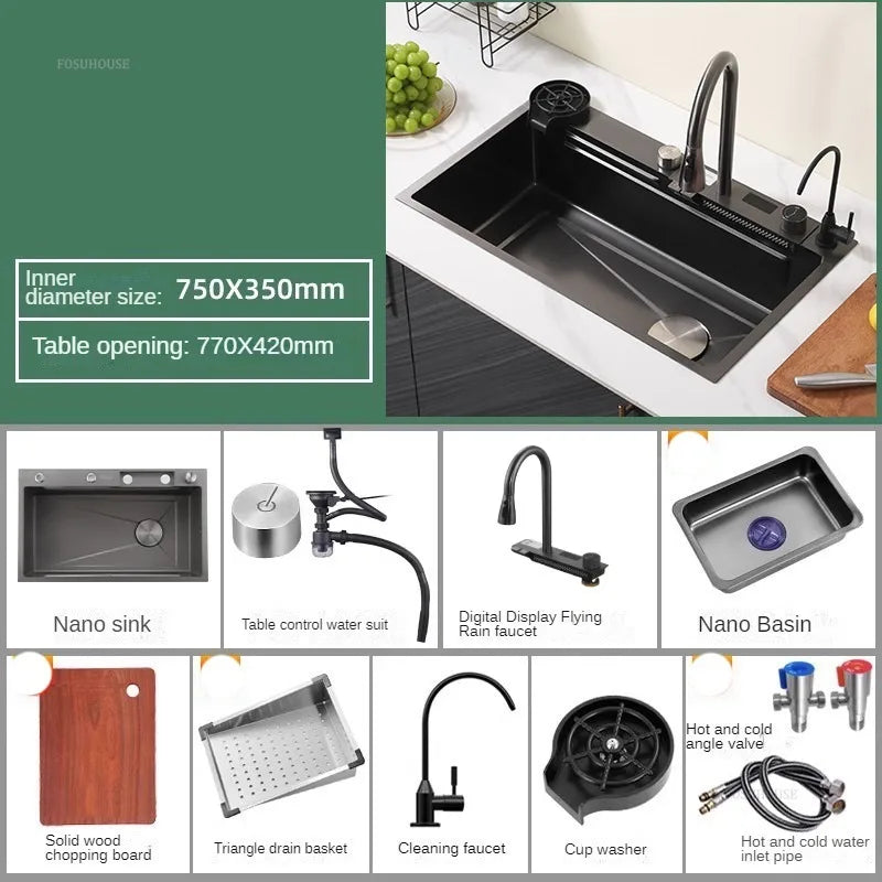 Nordic Metal Kitchen Sinks for Bar Counter Smart Digital Display with Cup Washer Sinks Light Luxury Design Sink for Dining Room