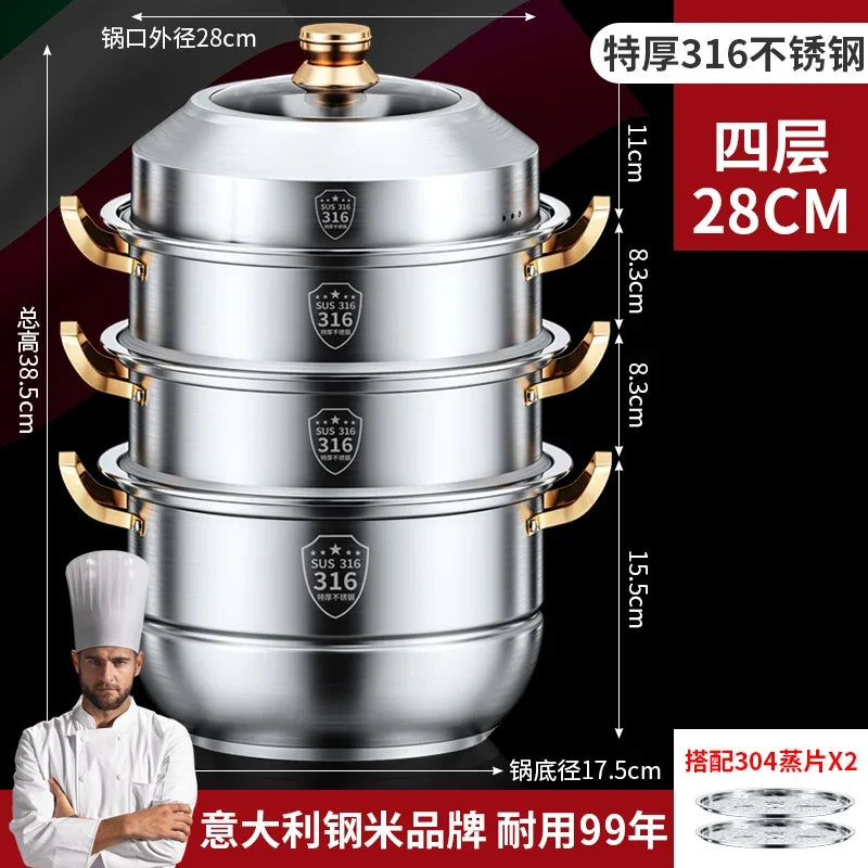 316 Stainless Steel Steam Pot 40cm Steamer Pot Home Appliance 4 Layers Steamer Cooker Soup Pots for Cooking Hotpot Cookware Set