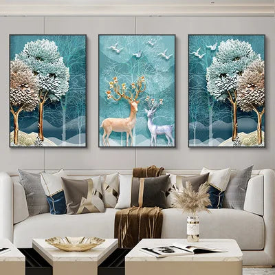 3 Pieces Nordic Luxury Ribbon Abstract Landscape Wall Art Canvas Paintings Modern Gold Deer Poster Print Picture for Home Decor