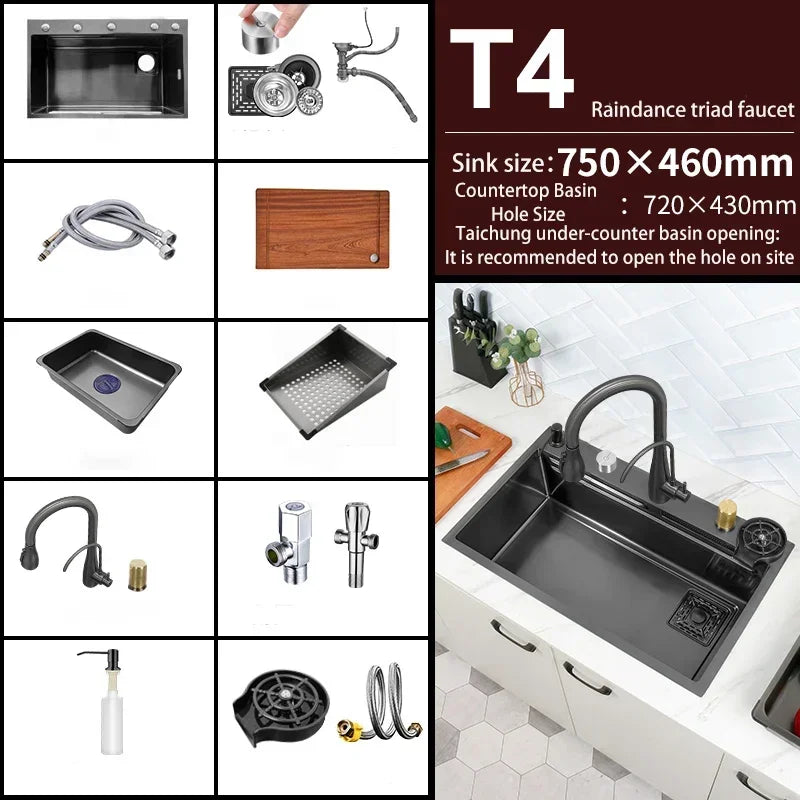 Black Nano Kitchen Sink 304 Stainless Steel Waterfall Sink Basin Large Single Bowl with Multifunction Touch Waterfall Faucet