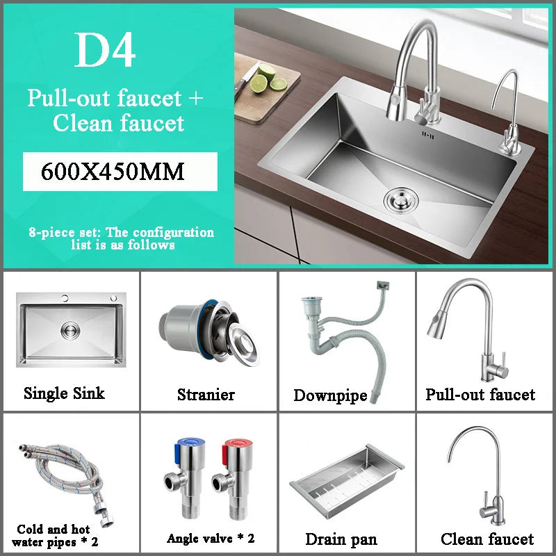 Stainless Steel Kitchen Sink Farmhouse Above Counter Undermounter Single Bowel Wash Basin With Gourmet Faucet Drain Accessories