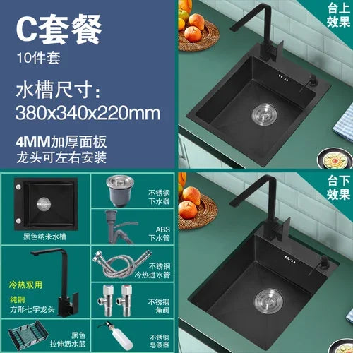 304 Stainless Steel Kitchen Sinks Bar Balcony Mini Sink Single Tank Black Nano Kitchen Accessories Thicken Wash Basin Small Sink