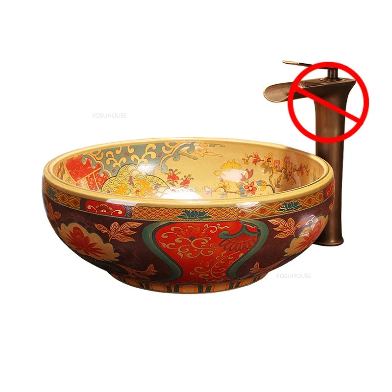 American Art Bathroom Sinks European Ceramic Wash Basin Retro Home Round Single Basin Balcony Toilet Creative Hand Painted Basin