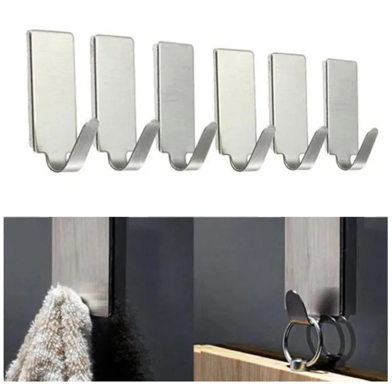 6PCS Stick On Silver Hook Strong Self Adhesive Sticky Coat Hat Metal Hanger Home Bathroom Kitchen Stainless Steel Holder